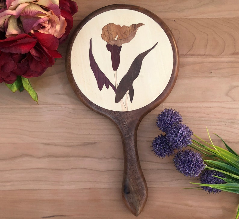 Walnut Hand Held Mirror, Calla Lily Flower Personalized Wooden Wall ...
