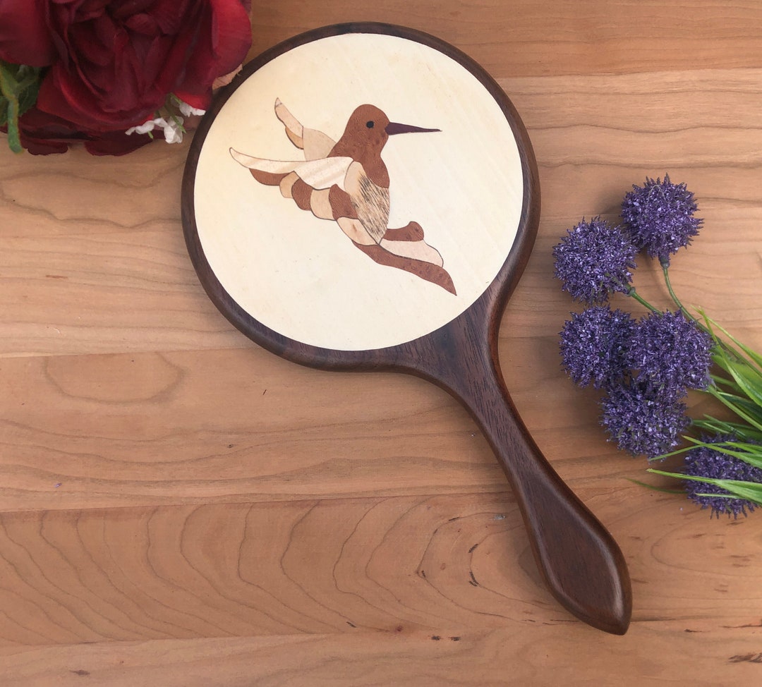 Hand Mirror, Wood Hand Held Mirror, Hummingbird Large Hand Mirror Wall