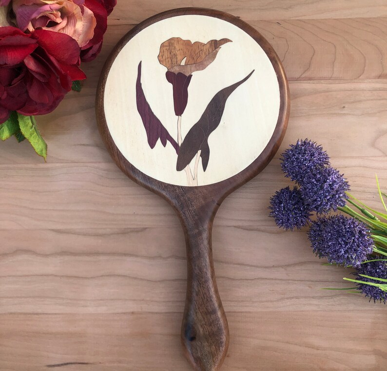 Walnut Hand Held Mirror, Calla Lily Flower Personalized Wooden Wall ...