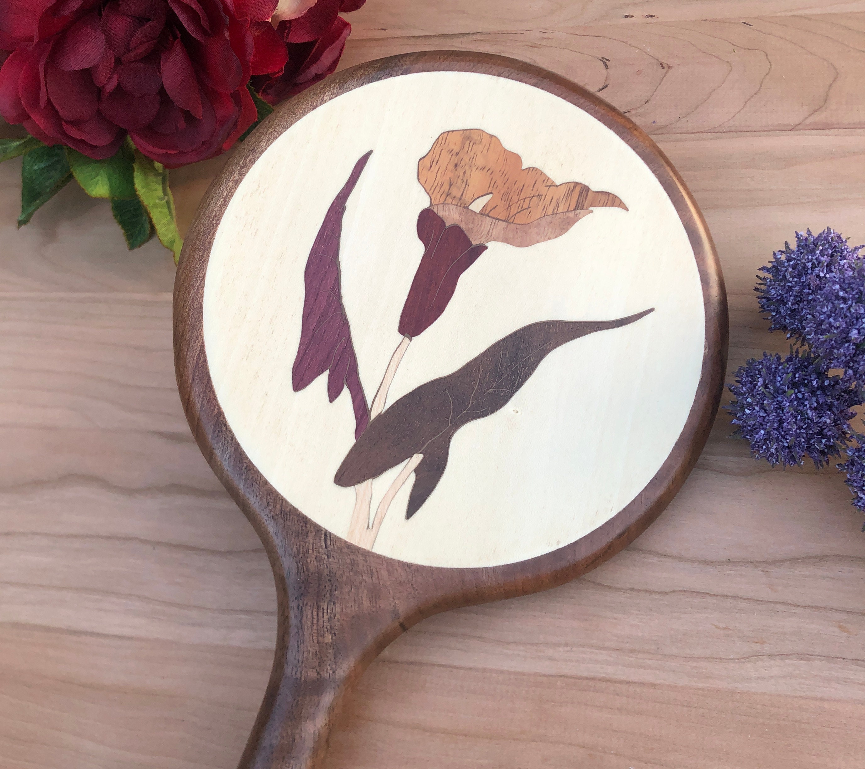 Walnut Hand Held Mirror, Calla Lily Flower Personalized Wooden Wall ...