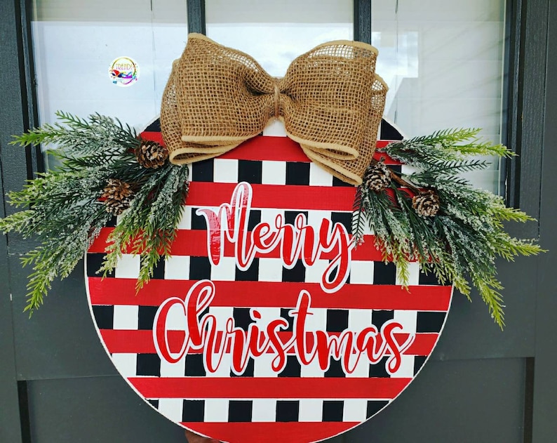 Holiday Door Hanger Wood Sign | Christmas Decor Buffalo Plaid Door Hanger| Custom Door Hanger| Christmas Door Hanger| Door Sign