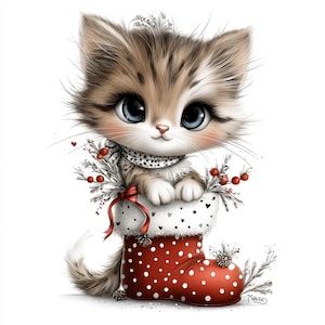 May include: A cute kitten with big blue eyes and a patterned scarf sits in a red Christmas stocking with white polka dots. The stocking is trimmed with white fur and decorated with sprigs of berries and greenery.