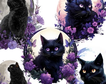 神秘的な黒猫と紫の花の月のイラストセット - Etsy 日本