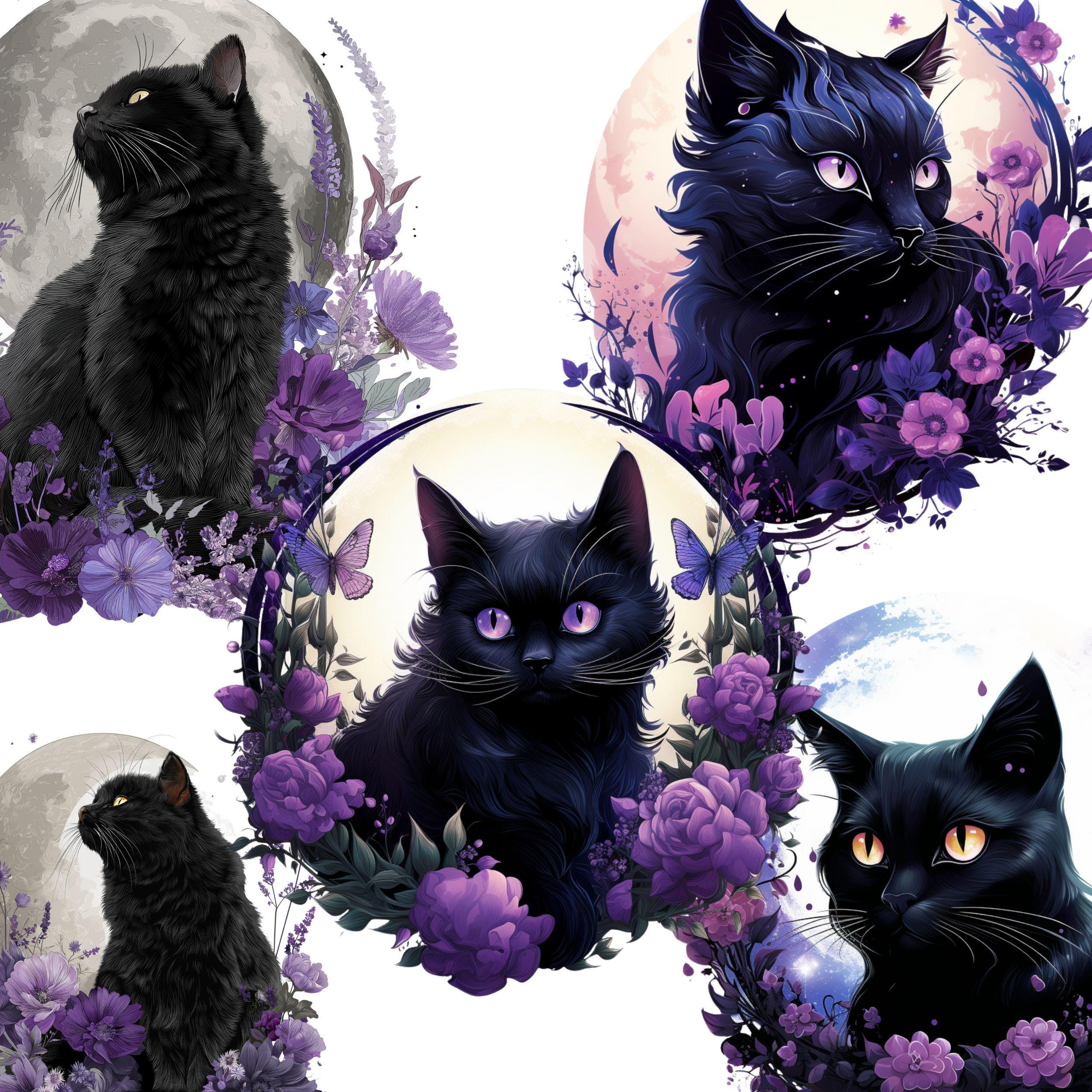黒猫と紫の花のアクリル絵 神秘的な黒猫と紫の花の月のイラストセット - Etsy 日本