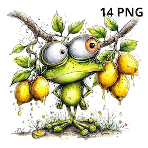 Può includere: Un'illustrazione stravagante di una rana verde con grandi occhi, sotto un ramo carico di limoni gialli. La rana ha un occhio arancione ed è circondata da foglie verdi e dal testo "14 PNG".