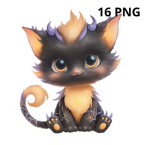 Pode incluir: Uma ilustração digital de uma pequena criatura fofa com pelo preto, detalhes laranja no peito e nas orelhas, e reflexos roxos. Tem olhos grandes e escuros, uma cauda enrolada e pequenas garras. O texto 16 PNG é visível no canto superior direito.
