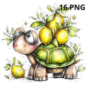 May include: A whimsical illustration of a cartoon turtle carrying lemons. The turtle has a green shell, tan legs, and a smiling face. Three lemons rest on its back, with leaves and small yellow butterflies completing the design. The text "16 PNG" is in the upper right corner.