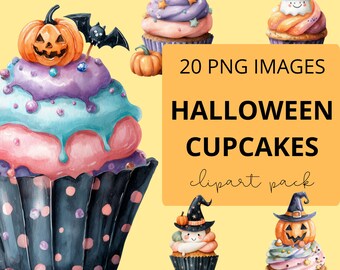 Halloween Cupcake Clipart: Watercolor Spooky Toppers (PNG Digital Download)