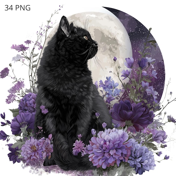 神秘的な黒猫と紫の花の月のイラストセット - Etsy 日本