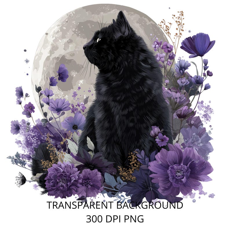 Mystical Black Cat and Moon Clipart Set With Purple Flowers - Etsy