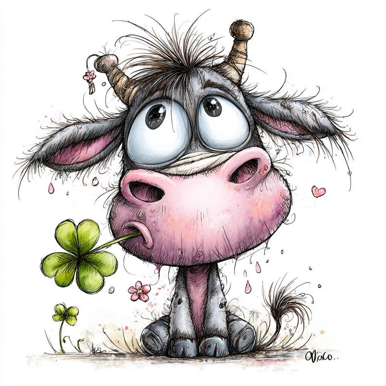 May include: A whimsical cartoon illustration of a cow with large, expressive eyes and a pink nose. The cow is holding a four-leaf clover in its mouth. The artwork features a soft color palette with pink, gray, and green accents, and a few small flowers.