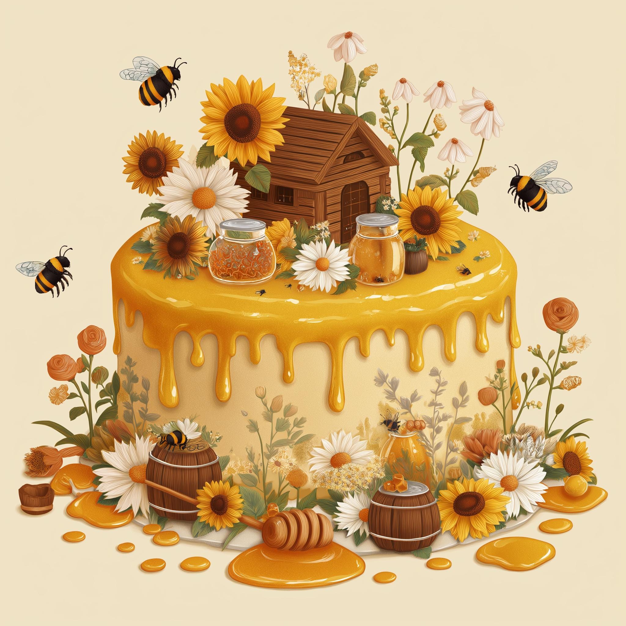Bee Cake Clipart – Honeycomb, Floral Baking Illustrations (PNG Files ...