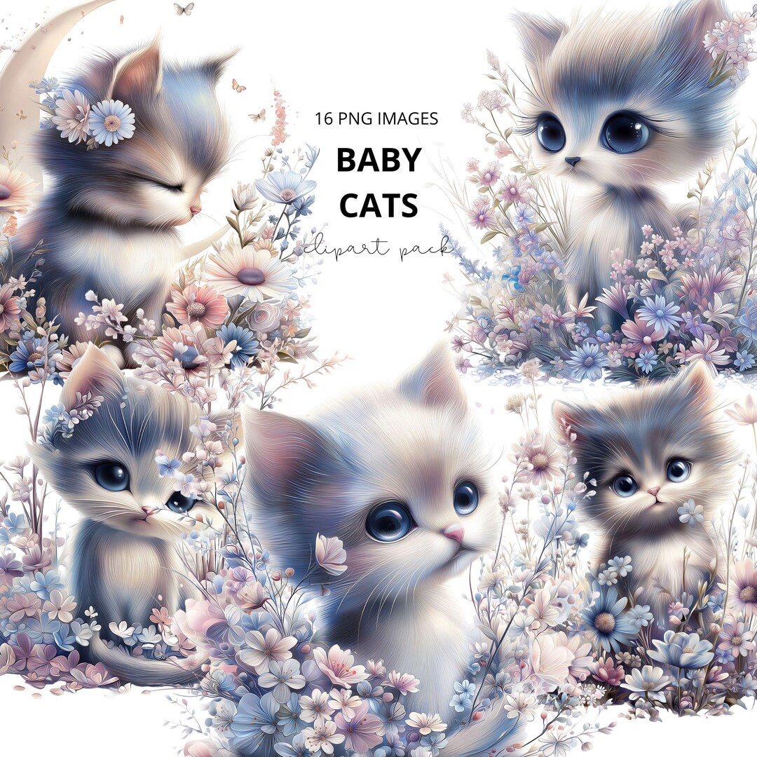 Floral Baby Cat Clipart Set: Blooming Flower Graphics (PNG) - Etsy