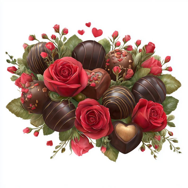 Red Roses & Chocolate Pralines Clipart Set – Whimsical Graphic Designs ...