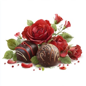 May include: An image of two chocolate truffles, one heart-shaped and one round, decorated with gold swirls. The truffles are surrounded by vibrant red roses, rosebuds, green leaves, and scattered petals, creating a romantic and elegant composition.