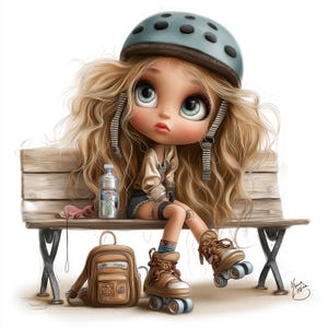 Sportliche Puppe Mädchen Clipart: Inline-Skates, Helm, Rucksack (PNG Digital Download)