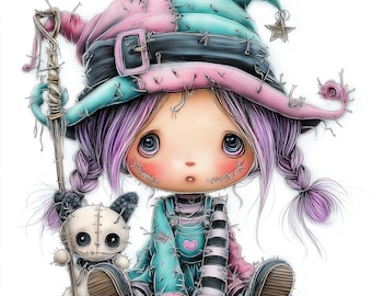 Magisches Chibi Witch Puppen Clipart Set - 15 PNG Illustrationen