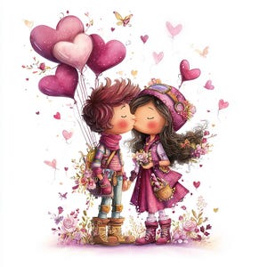 Whimsical Valentine Couple Illustration Clipart Set with Heart Balloon