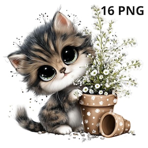 May include: A digitally illustrated kitten with large, expressive eyes, brown and gray fur, and white accents. The kitten is next to a brown flower pot filled with white flowers. The image includes the text "16 PNG".