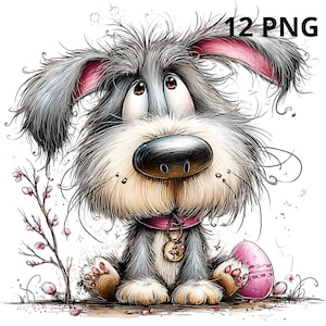 May include: A whimsical cartoon dog with gray and white fur, large brown eyes, and a black nose. The dog wears a pink collar with a charm and sits next to a pink Easter egg. The image includes the text "12 PNG".