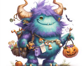 May include: A whimsical illustration of a friendly monster with teal and purple fur, carrying a pumpkin basket and a bag of treats. The monster has large horns, a happy expression, and is decorated with candy and Halloween-themed accessories.