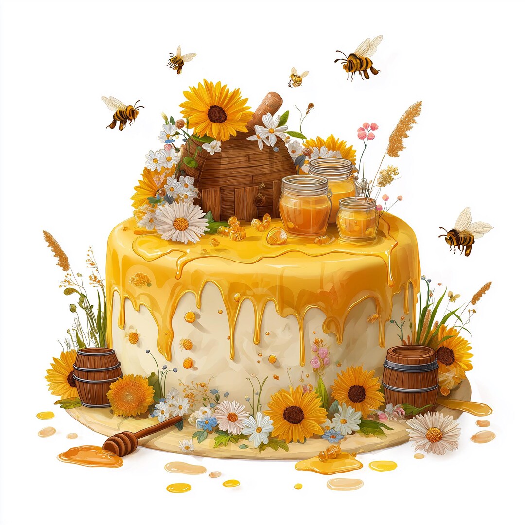 Bee Cake Clipart – Honeycomb, Floral Baking Illustrations (PNG Files ...