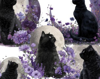 神秘的な黒猫と紫の花の月のイラストセット - Etsy 日本