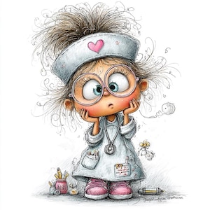 May include: A cartoon illustration of a nurse with large glasses, a white cap with a pink heart, and a stethoscope. She wears a light blue uniform and pink shoes, with a surprised expression. A pencil holder and other medical items are at her feet.