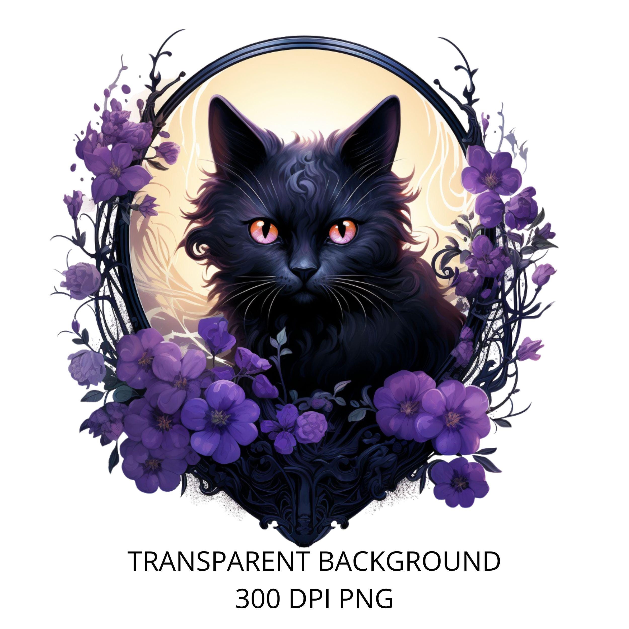 神秘的な黒猫と紫の花の月のイラストセット - Etsy 日本
