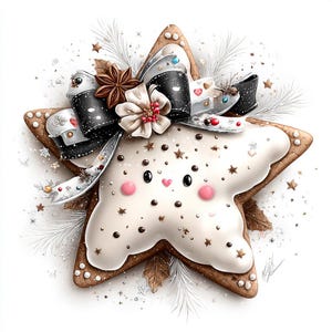 Op de afbeelding: Een stervormige peperkoek met witte glazuur, versierd met chocoladeschilfers en een schattig gezicht. Het is versierd met een zwart-witte strik, een bloem en feestelijke versieringen. Een charmante feestelijke traktatie.