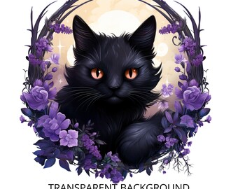 黒猫と紫の花のアクリル絵 神秘的な黒猫と紫の花の月のイラストセット - Etsy 日本