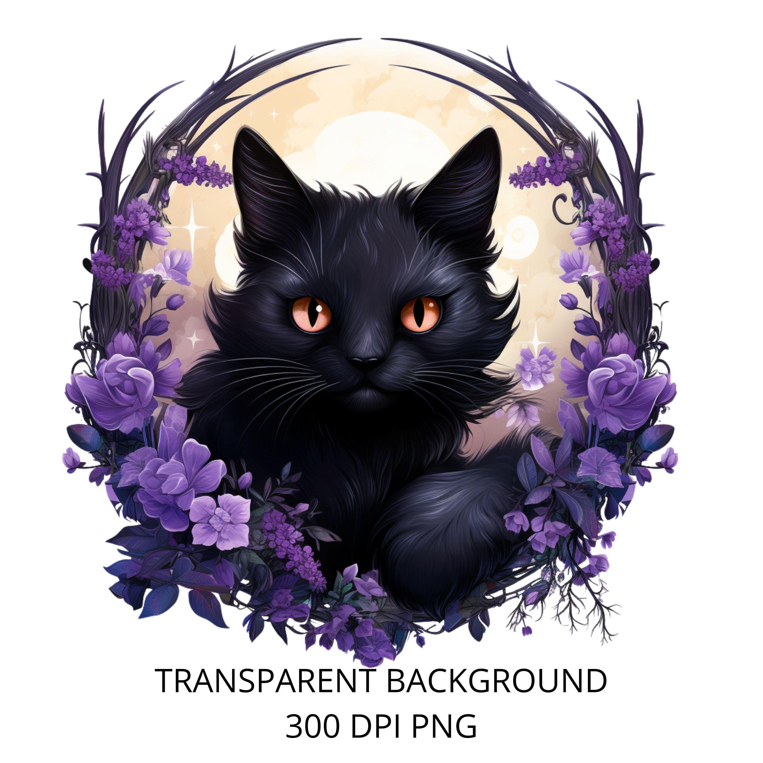 神秘的な黒猫と紫の花の月のイラストセット - Etsy 日本