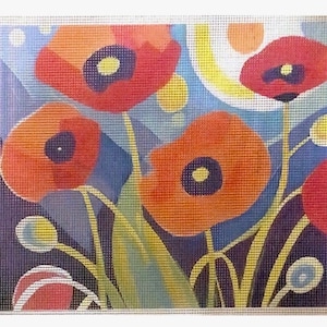 May include: A painting of red poppies with yellow centers against a blue and purple background. The flowers are stylized and have a geometric feel.