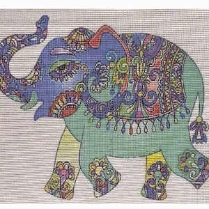May include: A colorful, intricately patterned elephant with a blue trunk and turquoise body. The elephant is decorated with floral and geometric designs in shades of purple, pink, yellow, and green.