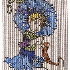 May include: A blue and green illustration of a girl wearing a blue flower on her head. She is sitting down and holding a brown object in her hands.