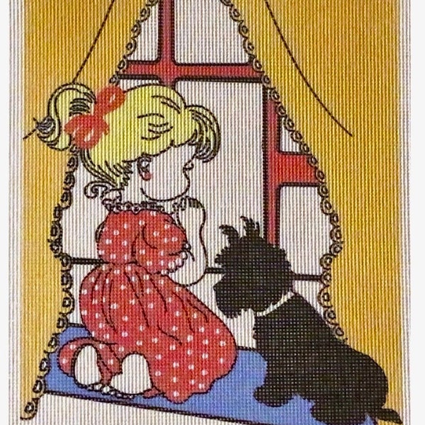 Needlepoint canvas “Retro Little Girl Praying With Her Dog” **No Threads**