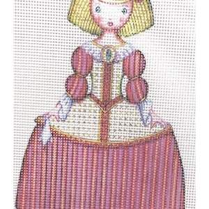 May include: A needlepoint canvas featuring a girl with blonde hair wearing a pink and white striped dress with a gold trim. She has a flower in her hair and a jeweled necklace.