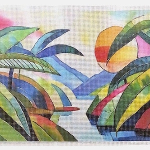 May include: Abstract painting of a tropical landscape with palm trees, a setting sun, and blue mountains in the background. The painting is done in a vibrant color palette of greens, blues, yellows, and oranges.