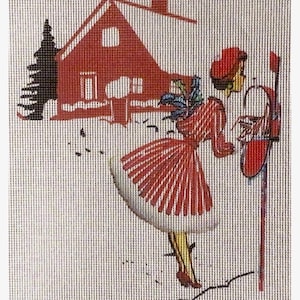 May include: A red and white striped dress with a white fur trim, worn by a woman with a red hat, standing in front of a red house with a mailbox. The scene is set in a snowy winter landscape.