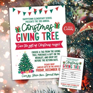 May include: A festive Christmas Giving Tree flyer with a matching tag. The flyer features the text "Christmas Giving Tree" in green and red, along with instructions and a Christmas tree illustration. The tag includes fields for gift details.