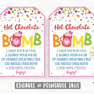 Valentine's Day Hot Cocoa Bomb Tag, Editable Cocoa Bomb Valentine, Hot Chocolate Bomb Tags You're the Bomb Classroom Valentines Preschool image 1