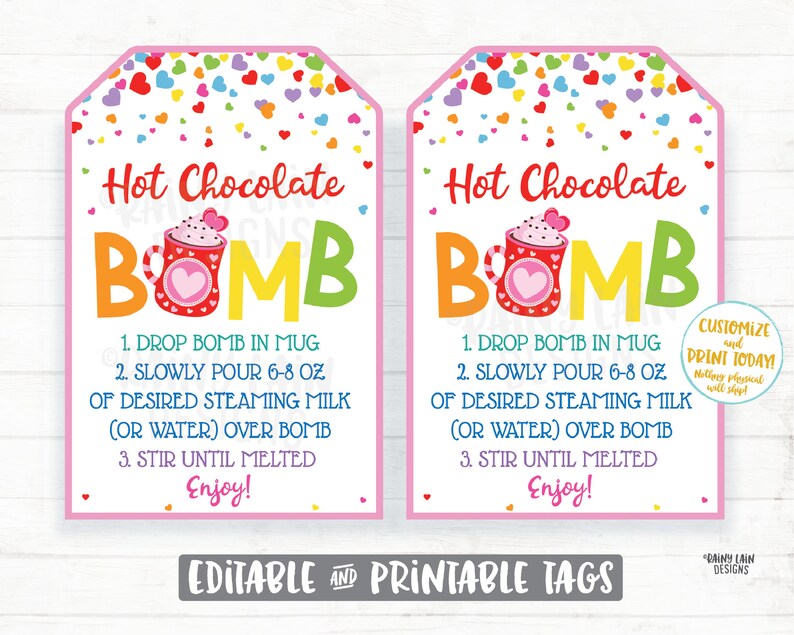 Valentine's Day Hot Cocoa Bomb Tag, Editable Cocoa Bomb Valentine, Hot Chocolate Bomb Tags You're the Bomb Classroom Valentines Preschool image 1