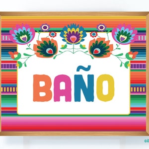 Signo de Baño, Letrero de Baño de Fiesta, Letrero de Baño Mexicano, Decoraciones de Fiesta, Ideas de Fiesta, Imprimibles de Fiesta, Serape, Floral Mexicano, Decoración