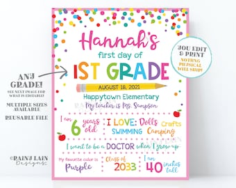 First Day of School Sign Template 1st day of school sign editable Back to School Picture Photo Prop Board 1st grade 2nd 3rd Kindergarten ANY
