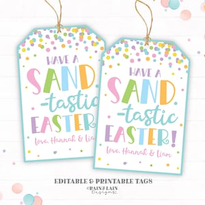 May include: Two pastel blue gift tags with a confetti background and the text "Have a Sand-tastic Easter!" with personalized names.