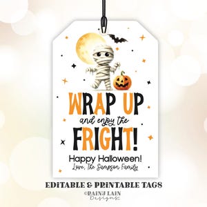 編集可能なハロウィーン ギフト タグ、教師用スロー ブランケット、ミイラ、包んで恐怖を楽しむ、学校スタッフの同僚、スカーフ、デジタル ダウンロード