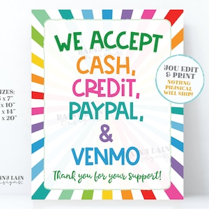 We Accept Cash and Credit Cards Sign Editable Paypal Venmo Cookie Booth ...
