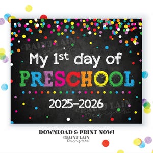 Letrero para el primer día de preescolar, pizarra imprimible para el regreso a clases, letrero para el primer día de clases, confeti arcoíris