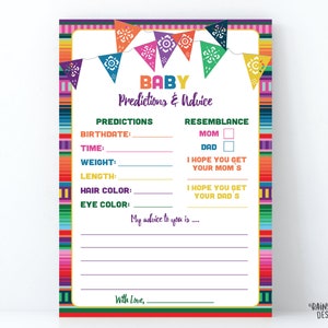 May include: A printable baby shower game card with a colorful Mexican fiesta theme. The card has sections for guests to predict the baby's birthdate, time, weight, length, hair color, eye color, and resemblance to the parents.