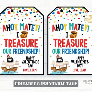 Ahoy Matey Valentine, Treasure Friendship, Etiqueta de presente editável, Download digital para impressão para crianças em sala de aula